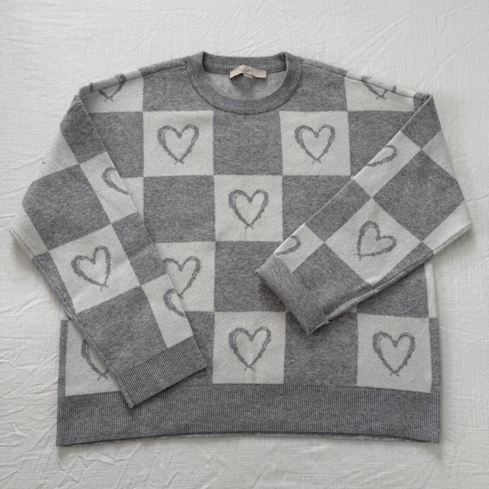 LOFT Gray Gingham Checkered Heart Knit Sweater